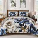 Dintszyayue Brown Comforter Set King Size, 7 Pieces Floral Bed in a Bag Set, Texture Blue Flower Bedding Sets, Soft Microfiber for All Season with Flat Sheet Fitted Sheets Pillowcases and Shams (king 90"x103")