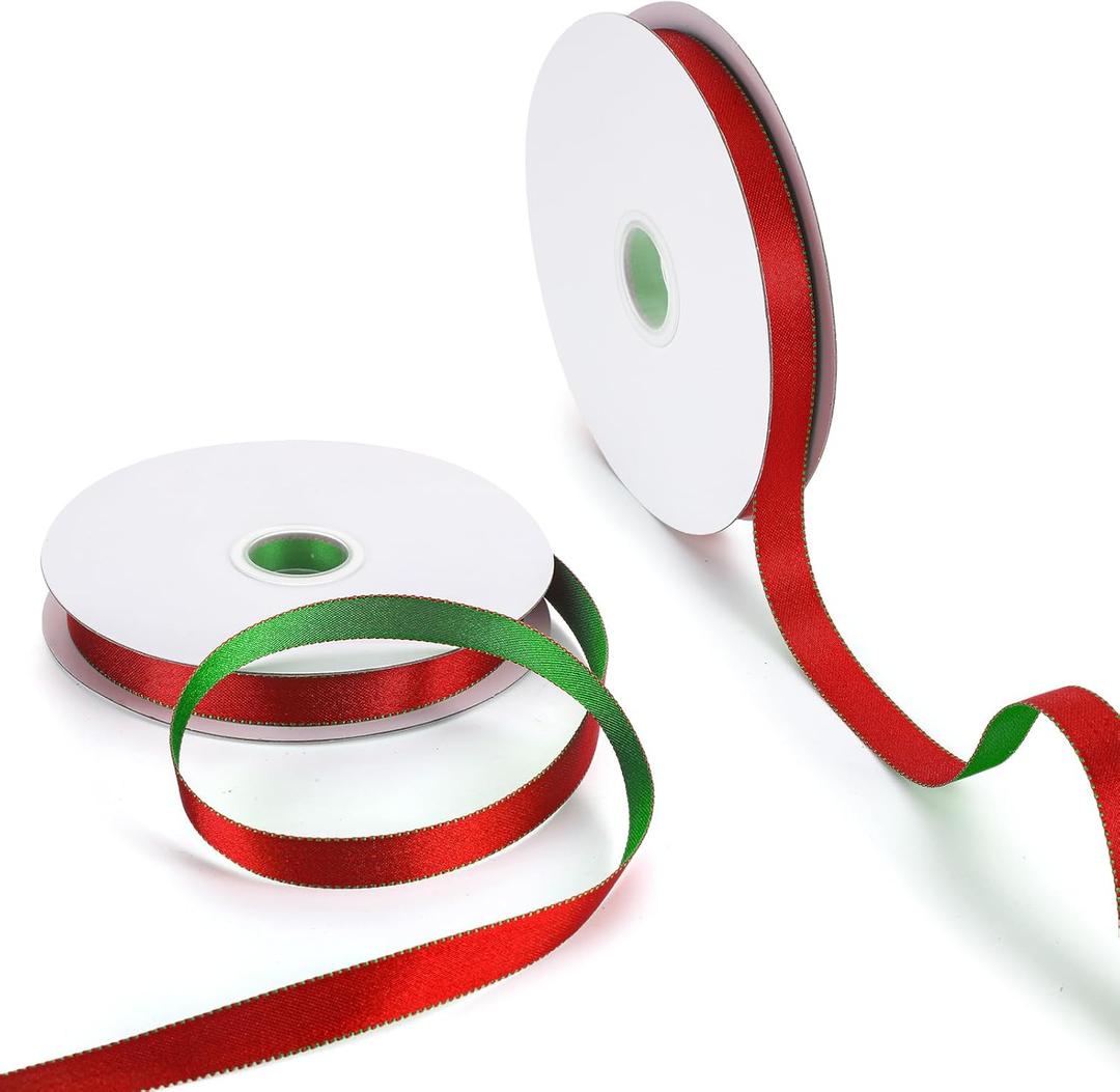 2 Pcs Total 60 Yards 0.5 Inch Red and Green Christmas Ribbon for Gift Wrapping Double Sided Satin Ribbon Two-Tone Double Faced for Xmas, Wedding, Birthday, Gift Wrapping Holiday Party Decor