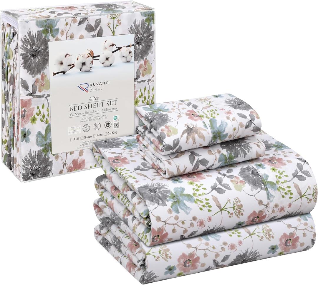 RUVANTI 100% Cotton Full Size Bed Sheets, 4 Pieces, Soft & Breathable Percale Weave Bedding, Deep Pocket 16", Hotel Standard, Crisp Cool Feel, Durable, Perfect Sheet Set Floral, Dandelion Field