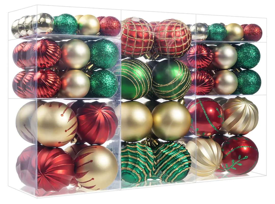 100Pcs Christmas Ball Ornaments Set, Assorted Shatterproof Christmas Ornament, Christmas Tree Theme Hanging Decoration for Xmas Tree/Holiday/Party/Home Decor (Gold & Red & Green)