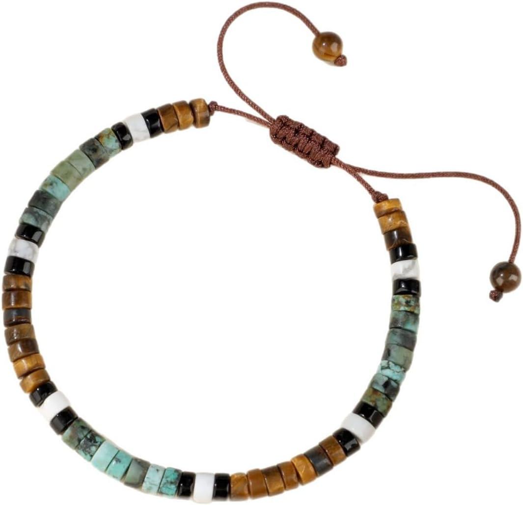 Adjustable Energy Bracelet for Men Women - Handmade Natural Tiger Eye, Turquoise & White Howlite Stone Beaded Bracelet, Healing Crystal Beaded Stretch Spiritual Gift with Gift Box
