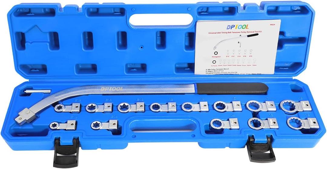 DPTOOL 15pc Idler Timing Belt Tensioner Pulley Removal Tool Kit Universal Auxiliary Idler Adjustment Wrench with Hex and Dodecagonal Adapters
