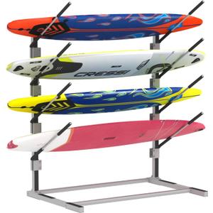4-Tier Freestanding Surfboard Rack, Watersport Kayak and Kayaks Rack with Two Silicone Mat, Kayak Storage Rack for SUP, Surfboard, Paddle, Ski, Skateboards