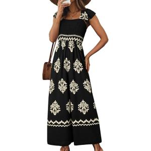 Happy Sailed Womens Summer Jumpsuits Printed Square Neck High Waisted Pockets Wide Leg Rompers Beach Fashion Vacation Outfits XL, Black