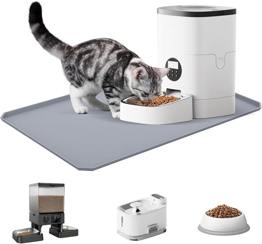 Automatic Cat Feeder Mat, with Raised Edge, Effectively Prevents Food and Water Spills, Protects Floors, Non Slip Silicone Tray for Pet Feeder, Dog Cat Bowl 15.8x23.6x0.8 InchGray