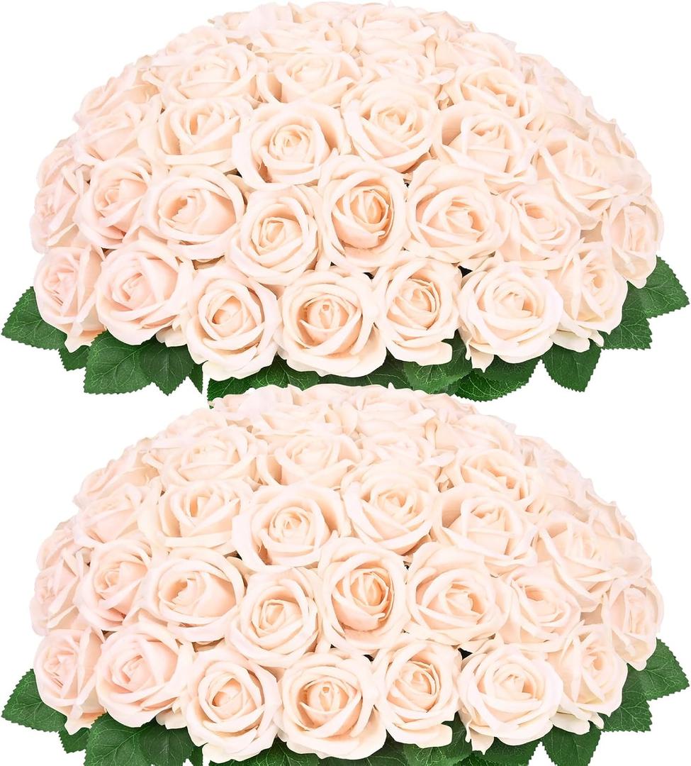 50 Pcs Champagne Roses Artificial Flowers, Real Touch Velvet Roses Bouquet Fake Flowers Bulk, Artificial Roses with Long Stems for Birthday Gift Women Mom DIY Bridal Wedding Centerpiece Decorations