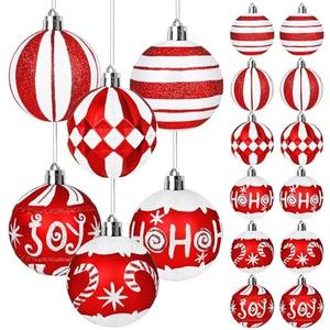24 Pcs Christmas Ball Ornaments, 2.36 Inch Glitter Red and White Candy Cane Christmas Tree Ornaments Set Shatterproof Plastic Hanging Baubles for Xmas Tree Home Holiday Party Decorations