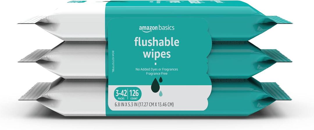3 x Amazon Basics Adult Wet Wipes Flushable formulated without Fragrance, 126 Count (3 Packs of 42) Packaging May Vary