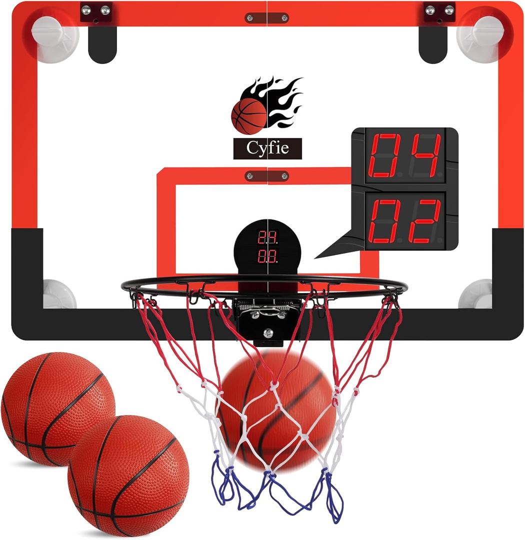 CYFIE 24" x 16" Large Basketball Hoop, Suction Cup/Over The Door Basketball Hoop with Sturdy Backboard/Electronic Scoreboard,Sound,3 Balls, Basketball Toys Gifts for Adults Kids Teens Boys Girls (Red-black)