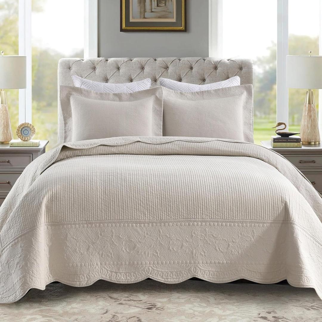 MarCielo 3-Piece 100% Cotton Oversized Bedspread Lightweight Quilt Coverlet Embroidery Farmhouse Bedding Set (TG Light Yellow Beige, Oversized Queen (100"x106"))