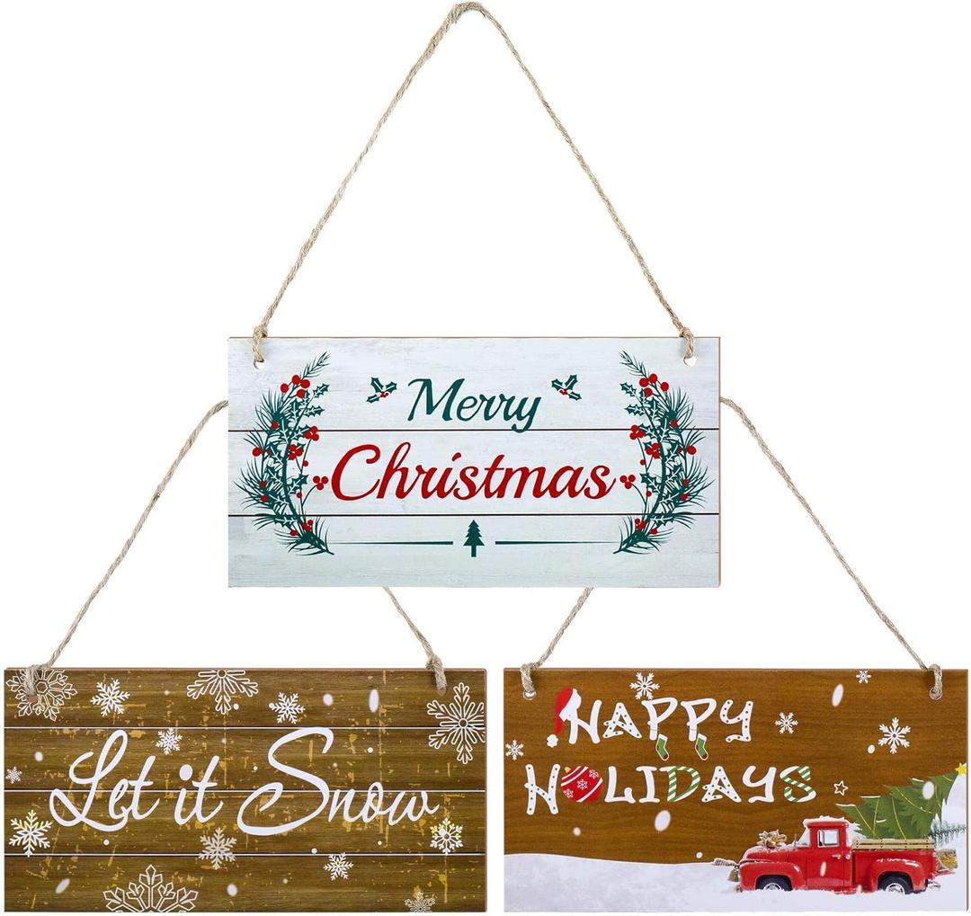 Jetec 3 Pcs Christmas Sign Merry Christmas Decoration Small Let It Snow SignWood Hanging Xmas Ornament Happy Holidays Wall Decor with Rope for Home Door Wall Room Kitchen Farmhouse Indoor Outdoor