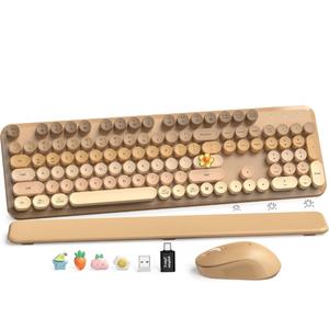 Wireless Keyboard and Mouse Combo, Cute Retro Typewriter Keyboard with Round Keycaps, Full-Size Aesthetic Keyboard with Magnetic Wrist Rest, 2.4GHz USB for Windows/Mac Desktop Laptop (Latte Gradient