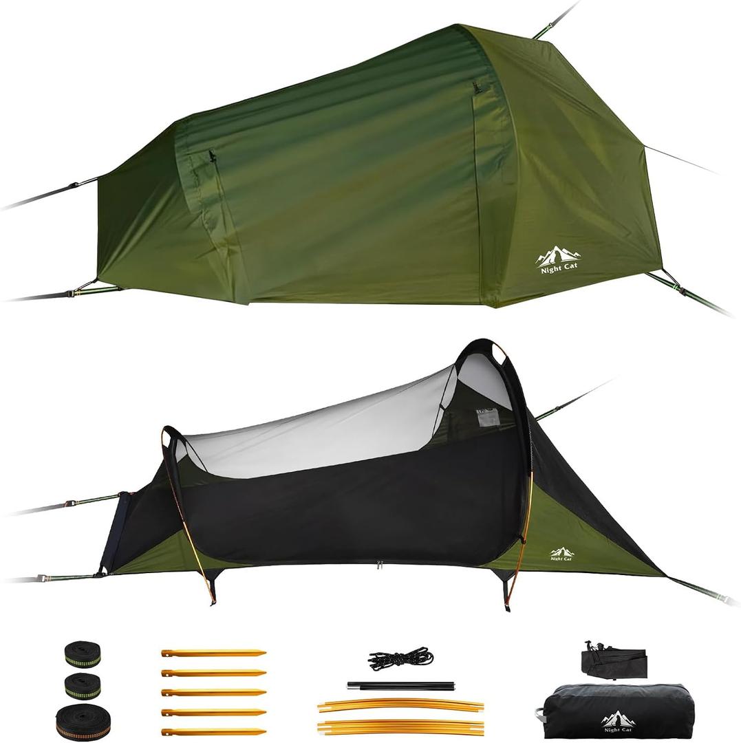 Night Cat Flat Lay Hammock Tent: Portable Lightweight Camping Hammock with Mosquito Net Waterproof Rainfly for Adults 1 Person Outdoor Camping Green 86.6"L x 55.1"W x 33.4"H