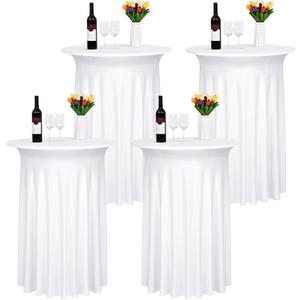 4 Pack White Round Cocktail Table Skirt, 32" x 43" Spandex Stretch Cocktail Tablecloth with Wavy Drapes, Fitted High Top Table Covers for Wedding Parties, Patio, Bar, Banquet