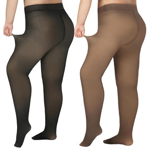 Delcast 2 Pairs Plus Size Fleece Lined Tights Women-Warm Fake Translucent Thermal Pantyhose Winter Sheer