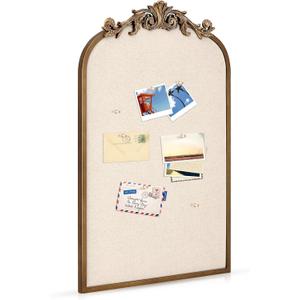 Wonderjune Vintage Framed PinBoard Linen Display Bulletin Board Large Cork Fabric Picture Photo Memo Pinboard Fancy Ornate Decorative Vision Board for Wall(Arch,19" X 31",Antique Gold)