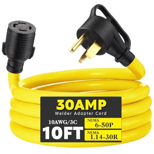 Tellegloww NEMA 6-50P to L14-30R 10 FT 30 Amp Welder Adapter Cord, 3 Prong 50amp Welding Outlet to 4 Prong 30amp Generator Locking Plug, Generator to Welder Adapter STW 10 AWG, ETL Listed