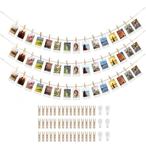 3PCS Hanging Photo Display with 45 Clips, 67 Inch Boho Wooden Bead Garland Photo Banner, Kids Art Display Collage Picture Postcard Display, Photo String for Bedroom Dorm Cubicle Wall Decor Teen Gifts