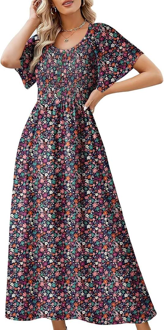 Dokotoo Womens Dresses 2025 Square Neck Tie Backless Summer Dresses Cap Sleeve Floral Buttoned Empire Waist Maxi Dress (L)