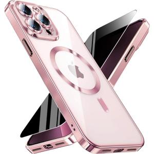Magnetic for iPhone 13 Pro Max Case with Privacy Screen Protector & Full Camera Cover,[Non-Yellowing] Plating Glossy Soft Shockproof Clear Phone Case with MagSafe Women Girls for 13 ProMax,Pink | Magnetic, Full Camera Cover, Non-Yellowing, Plating Glossy, Soft