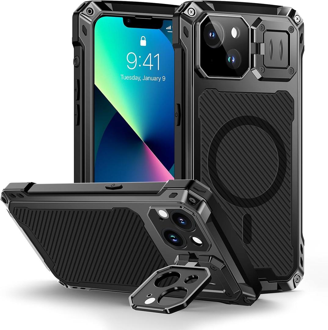 Lanhiem for iPhone 13 Metal Case with Camera Cover & Stand [Compatible with MagSafe] [Built-in Kickstand] [Military-Grade Protection] Heavy Duty Rugged Magnetic Phone Case, Black