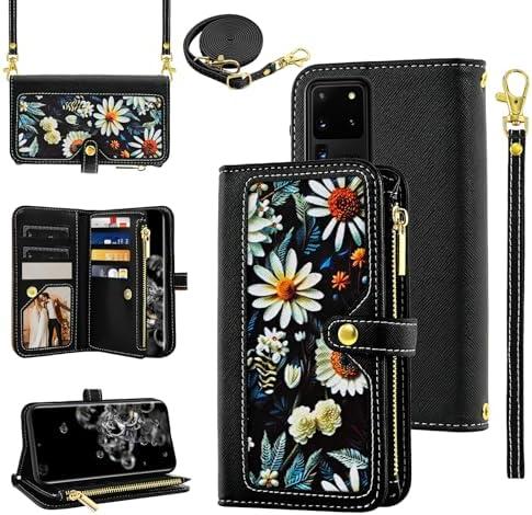Furiet Floral Wallet Case for Samsung Galaxy S20 Ultra 5G with Wrist Strap Shoulder Strap Zipper Purse, Luxury PU Leather Card Holder Stand Phone Cover for S20ultra 20S S 20 A20 S2O 20ultra G5 Black