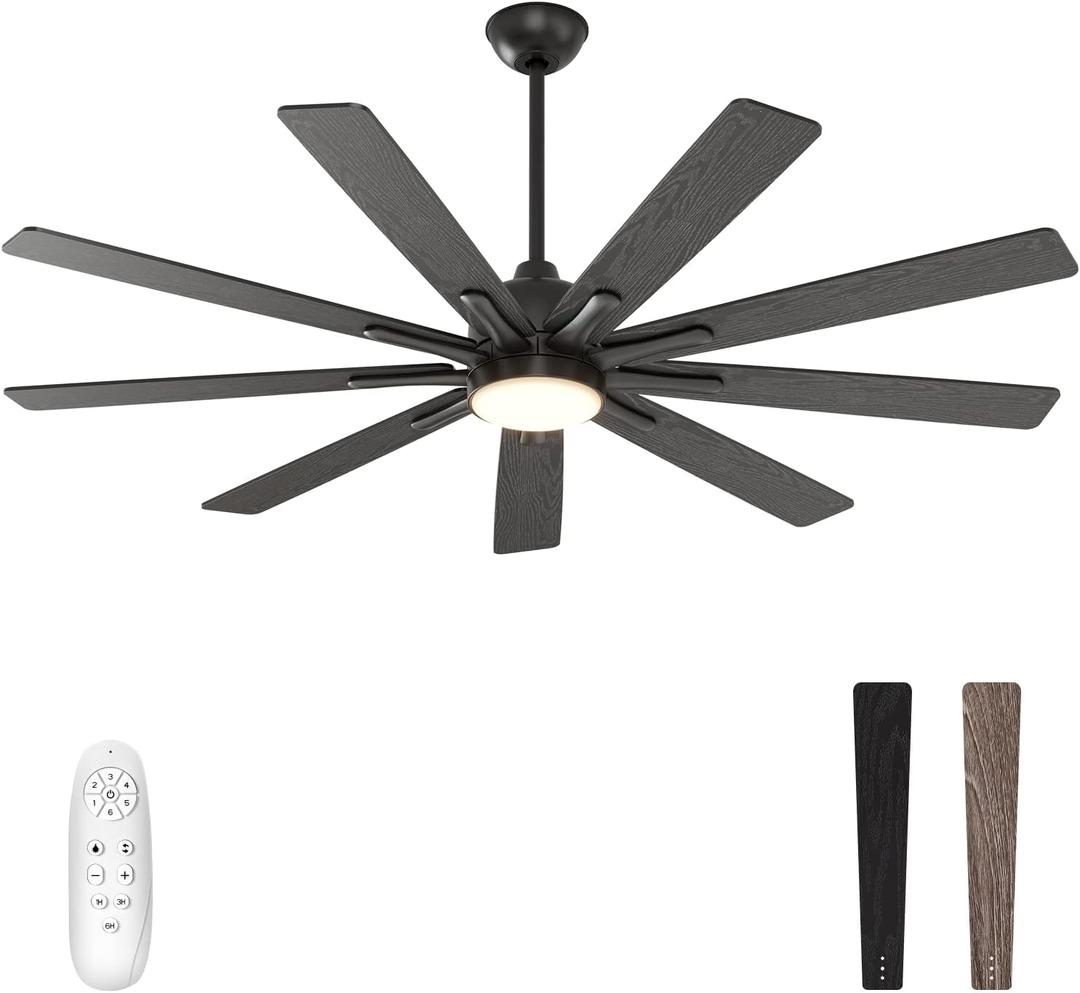 warmiplanet Ceiling Fans with Lights and Remote Control, 62-Inch, Reversible Silent DC Motor, 6 Speeds, 3 Color Dimmable LED Light, Timer, Black, 9-Blades