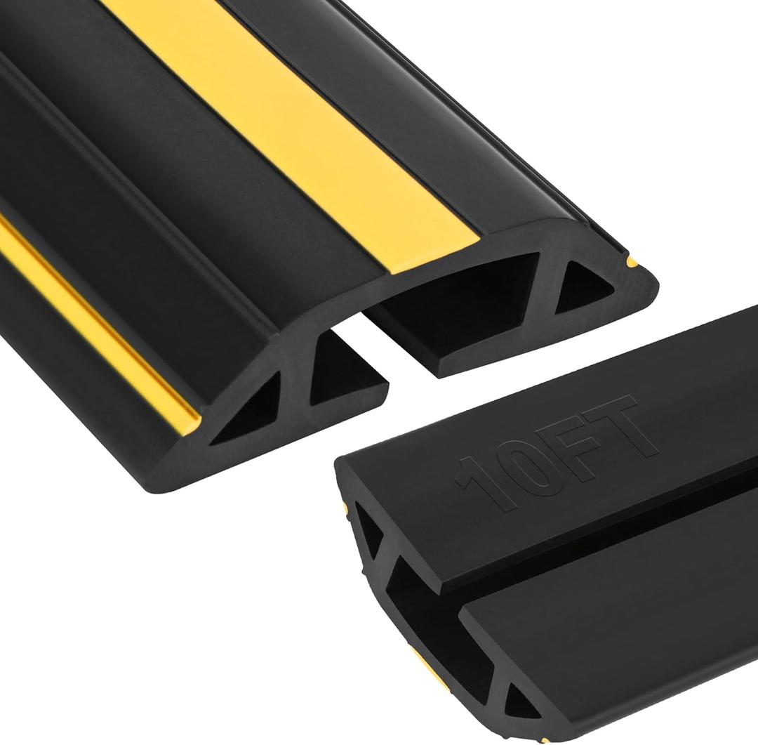 10Ft Cord Covers for Wires on Floor, 3-Channel Heavy Duty Floor Cord Cover with Anti-Slip Base & Yellow Warning Strips, Extension Cord Covers for Floor, Ideal for Home, Office, Outdoor Use (black)