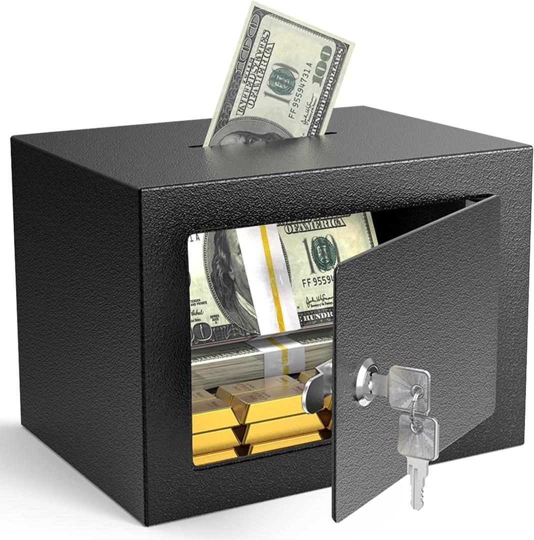 PATRON Small Safe Box with Key Lock,Mini Safe for Money with Coin SlotSteel Security Deposit Box for Cash Jewelry Coin0.24 Cubic Feet