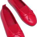 Ballet Flats for Women Cute Bow Round Toe Mary Janes Comfortable Faux Leather Slip On Ballerina Shoes (8, Red)