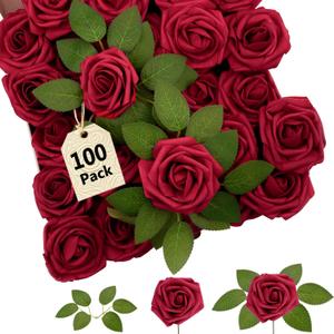 SPORTYOUTH 100 Pcs Artificial Flowers Red Roses Bulk with Stems, Foam Fake Rose Real Look for DIY Wedding Bouquets Women Mother Gift Centerpiece Bridal Shower Party Home Valentine Decor