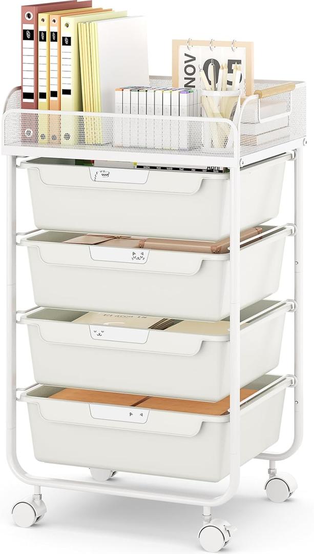 Rolling Utility Storage Cart with 4 Drawers - 4 Tiers Rolling Cart Craft Cart, Storage Drawer Cart Organizer for Craft Room Office Bedroom Classroom with Mesh Top & 4 PCS DIY Label, White