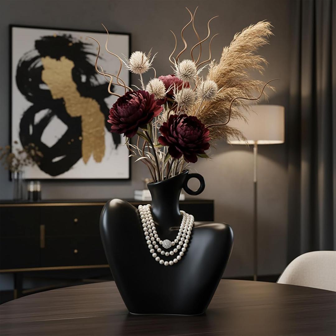 Ceramic Vase, Human Body Vase for Home Decor, Modern Minimalist Boho Vase for Living Rooms, Bedrooms, Shelves, Dining Tables, Bathrooms, and Offices (Black)