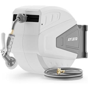 Ayleid Retractable Garden Hose Reel,1/2 in x 130 ft Wall Mounted Hose Reel, with 9- Function Sprayer Nozzle, Any Length Lock/Slow Return System/Wall Mounted/180Swivel Bracket (Gray)