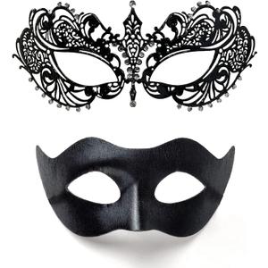 HyperFun Masquerade Mask for Couples Venetian Metal & Leather Mask Set, Women Men Halloween Mask, Specially for Costume, Prom (Ana Black)