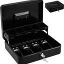 Portable Metal Cash Box with Lock and Money Tray, Black Iron Safe Box for Cash and Keys, 11.81 X 9.44 X 3.54 Inches, Ideal for Home and Small Business Use