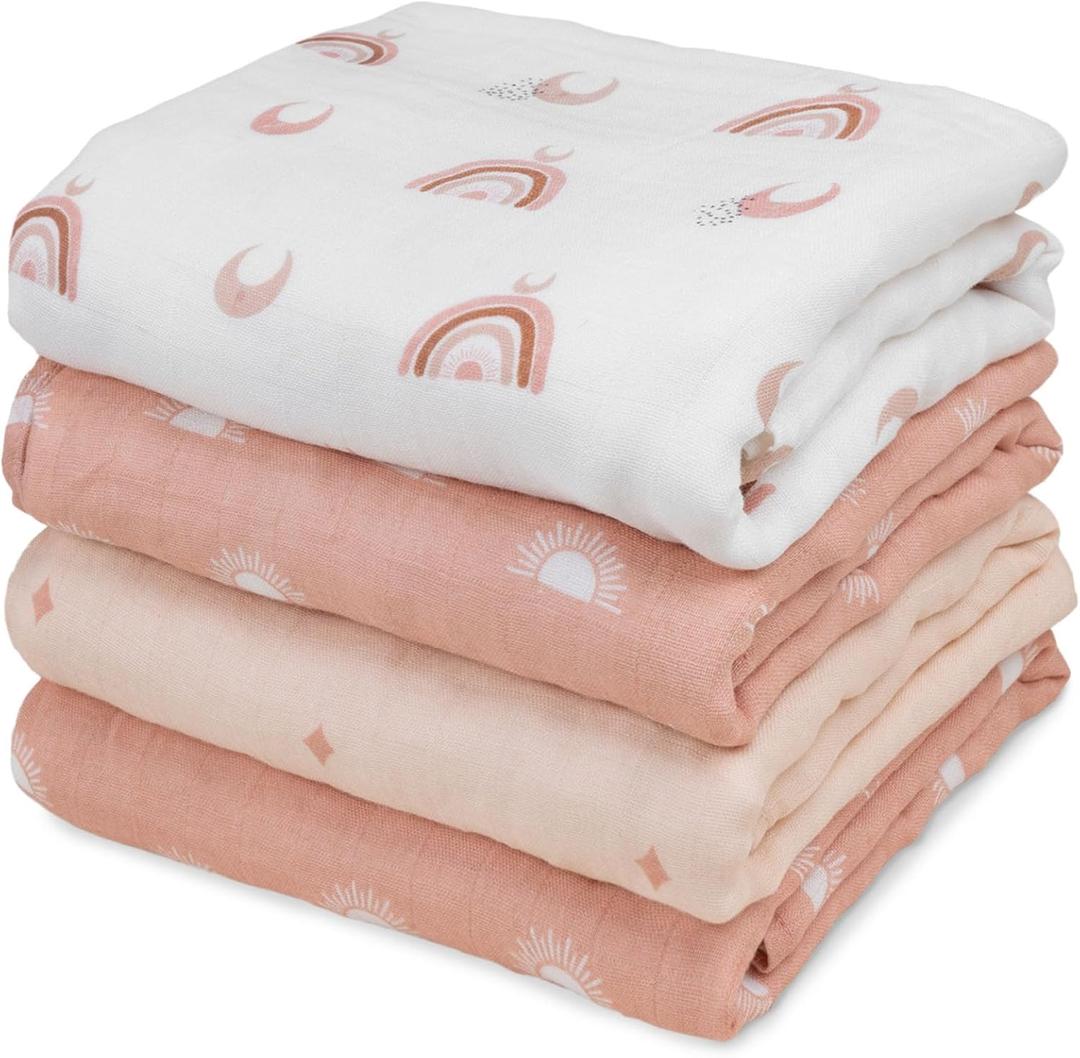 GLLQUEN BABY Muslin Swaddle Blankets 4-Pack Breathable Receiving Blankets (35" x 40") Soft Baby Blankets for Girls and Boys Newborn Essentials Muslin Burp Cloths Swaddle Wrap Baby Gift (Sun)