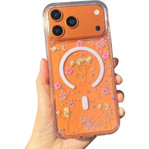Cute Flowers for iPhone 17 Pro Case for Girly Women,Compatible with Magsafe,Pressed Dried Floral with Glitter Magnetic Cover for iPhone 17 Pro 6.3"- Clear Sparkly