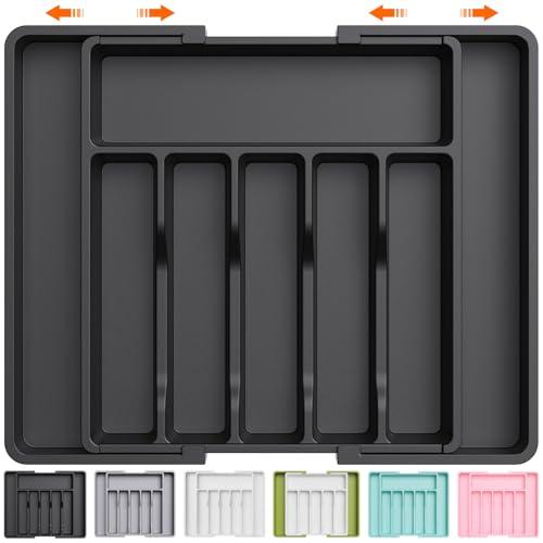 Lifewit Large Silverware Drawer Organizer, Expandable Utensil Tray for Kitchen, BPA Free Flatware and Cutlery Holder, Adjustable Plastic Storage for Spoons Forks Knives, Large, Black