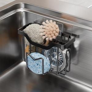 Sink Caddy Organizer, Black Metal Sponge Holder with Drainage Design, Kitchen Sink Storage Rack, Self-Adhesive Mount, 15x8x9.5cm