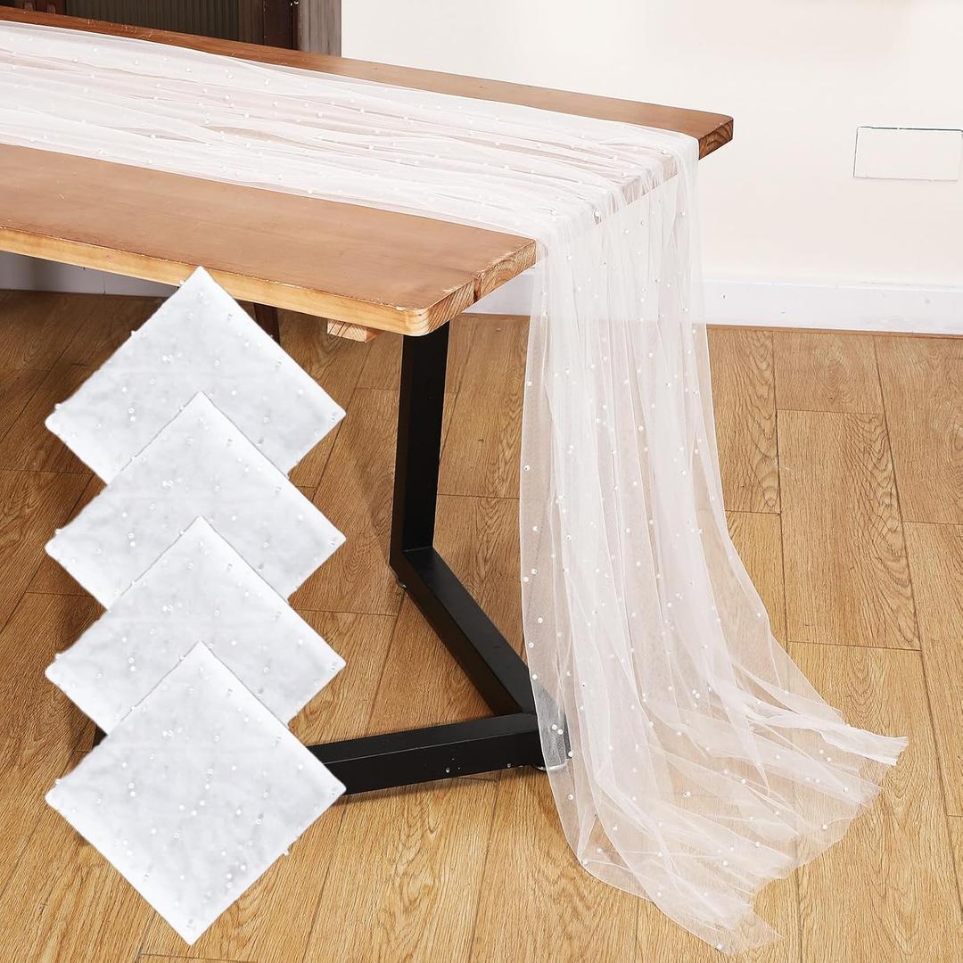 Oudain 4 Pack 29.5 x 120 Inch 10 ft Pearl Table Runner Tulle Fabric Lace Boho Glitter Tablecloth Table Runners for Bridal Shower Birthday Wedding Party Decorations and Supplies(White)