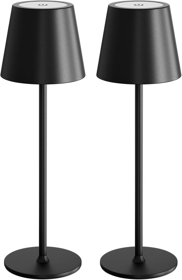uuffoo 2 Pack Rechargeable Table Lamp Cordless Battery Operated Lamps Shower Lamp Bathroom Lamp with 3 Colors Stepless Dimming, Desk Lamp for Restaurant, Patio, Bedroom, Bar (Black)