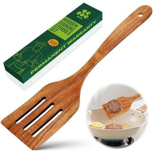 Bkiok Wooden Slotted Spatula for Cooking, Handmade Teak Wood Spoon Kitchen Utensil Flat Frying Spatula Turner for Nonstick Cookware, 12.5 inches