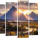 iKNOW FOTO XLarge Canvas Set of 7 Wall Art Grand Teton National Park in Autumn in Wyoming USA Landscape Picture Prints Painting Scenery Wall Decor for Home Decorations 70x32 Inches
