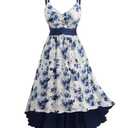 Rosegal Women Plus Size Floral Jacquard Sundress Rhinestone Chain Decor Ruched Asymmetric High Low Midi Summer Sleeveless Vacation Cami Flowy Dress (Blue/Size 3XL)