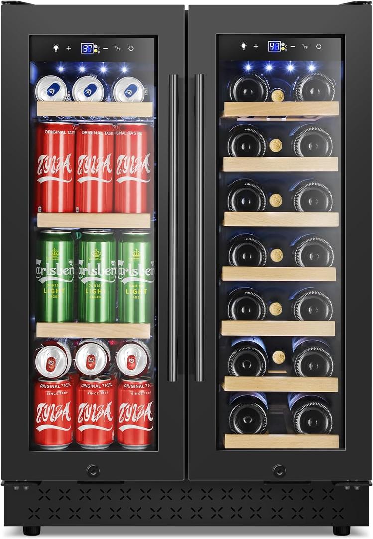 Tylza 24 Inch Wine and Beverage Refrigerator, Dual Zone Wine Beverage Cooler 24" with French Door, Under Counter Wine Beer Fridge Built-In or Freestanding, Holds 20 Bottles and 88 Cans, Black