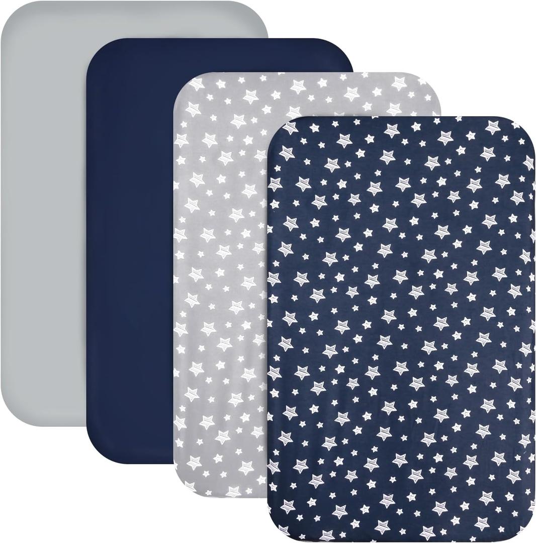 Mini Portable Crib Sheets for Boys (38" X 24") 4 Pack, Compatible with Dream on Me, Delta Porta Crib and Arms Reach Ideal Cosleeper (Navy)