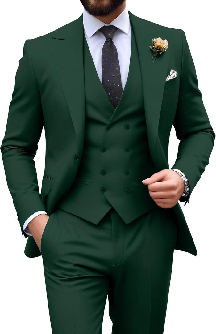 Mens Suit Slim Fit 3 Piece Double Breasted Suit Men Formal Tuxedo Set Casual Wedding Prom Groom Suits (Large, Dark Green)