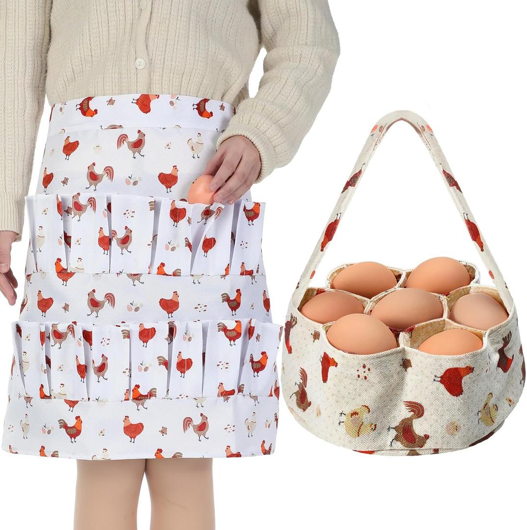 2 Pcs Egg Collecting Apron Chicken Egg Gathering Basket with 7 Pouches Holding Apron with 15 Pockets