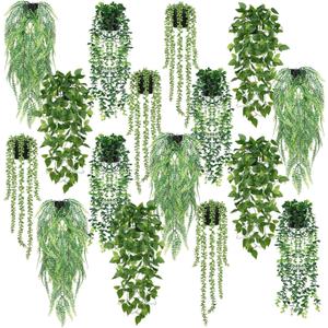 Jexine 16 Pcs Artificial Hanging Plants Potted Fake Plants Greenery Faux Eucalyptus Vine Mandala Vine String of Pearls Fern Plastic for Shelf Home Wall Living Room Office Indoor Outdoor Garden Decor, 22 inches, 26 inches, 32 inches
